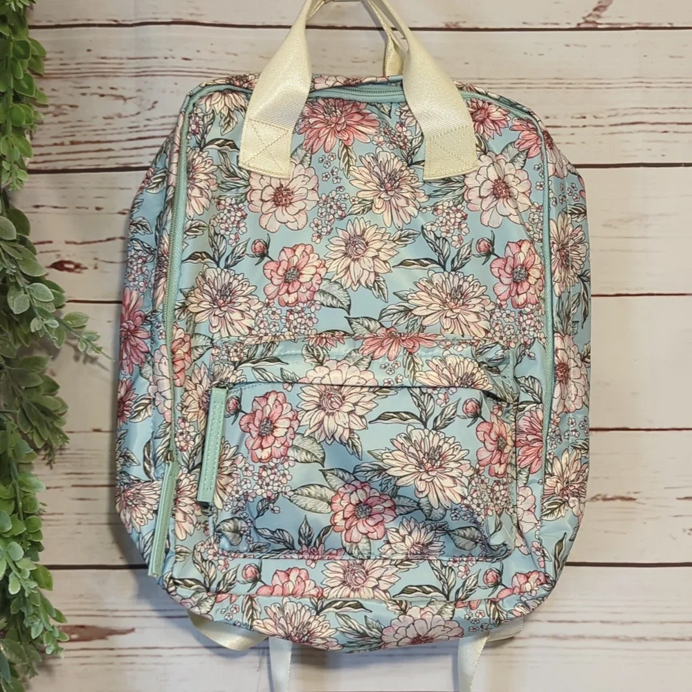 Chrysanthemum Floral Teal and Pink‎ Women's Backpack Purse Satin Feminine Girly